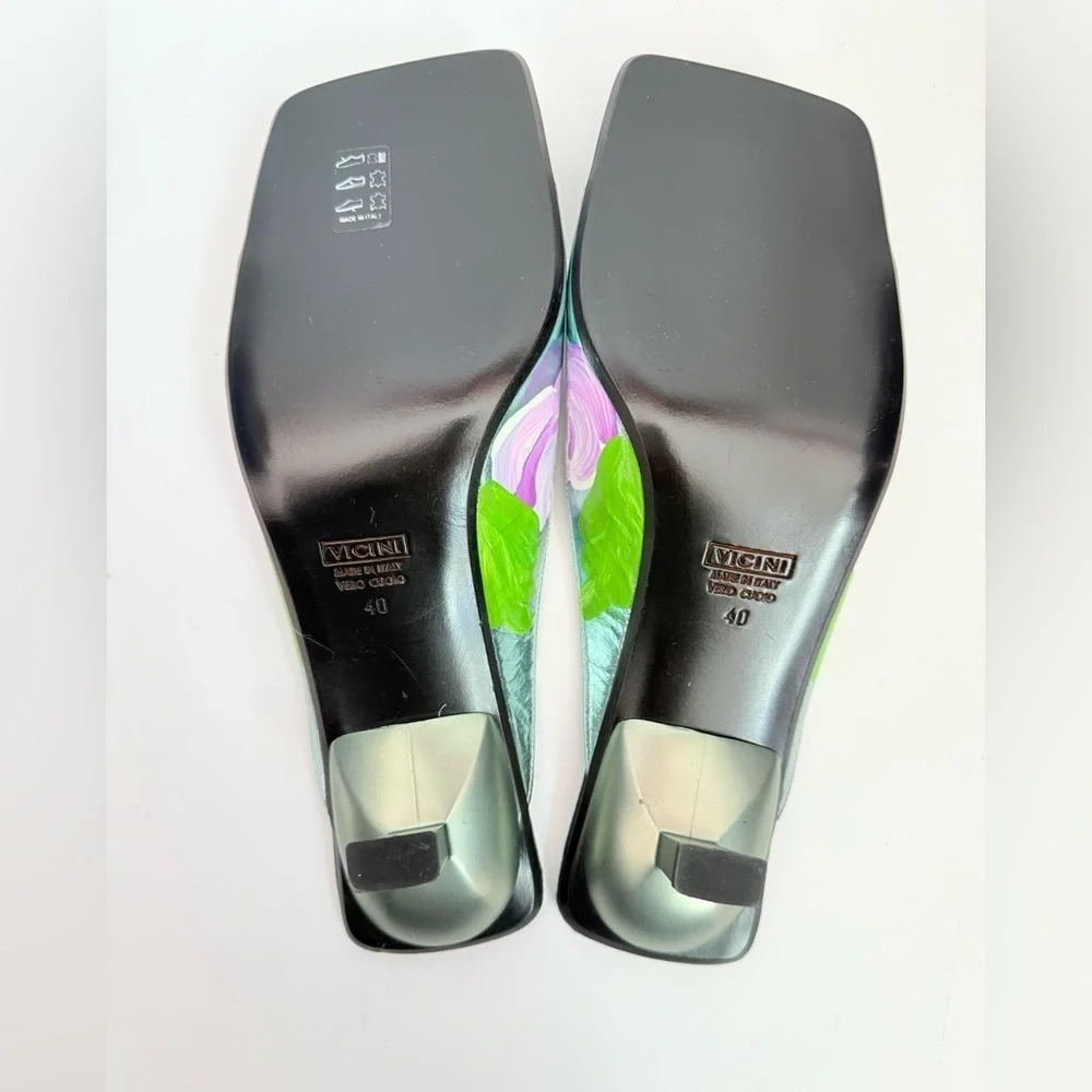 Vicini by Giuseppe Zanotti Y2K Black Metallic blue floral square toe mules EU 40